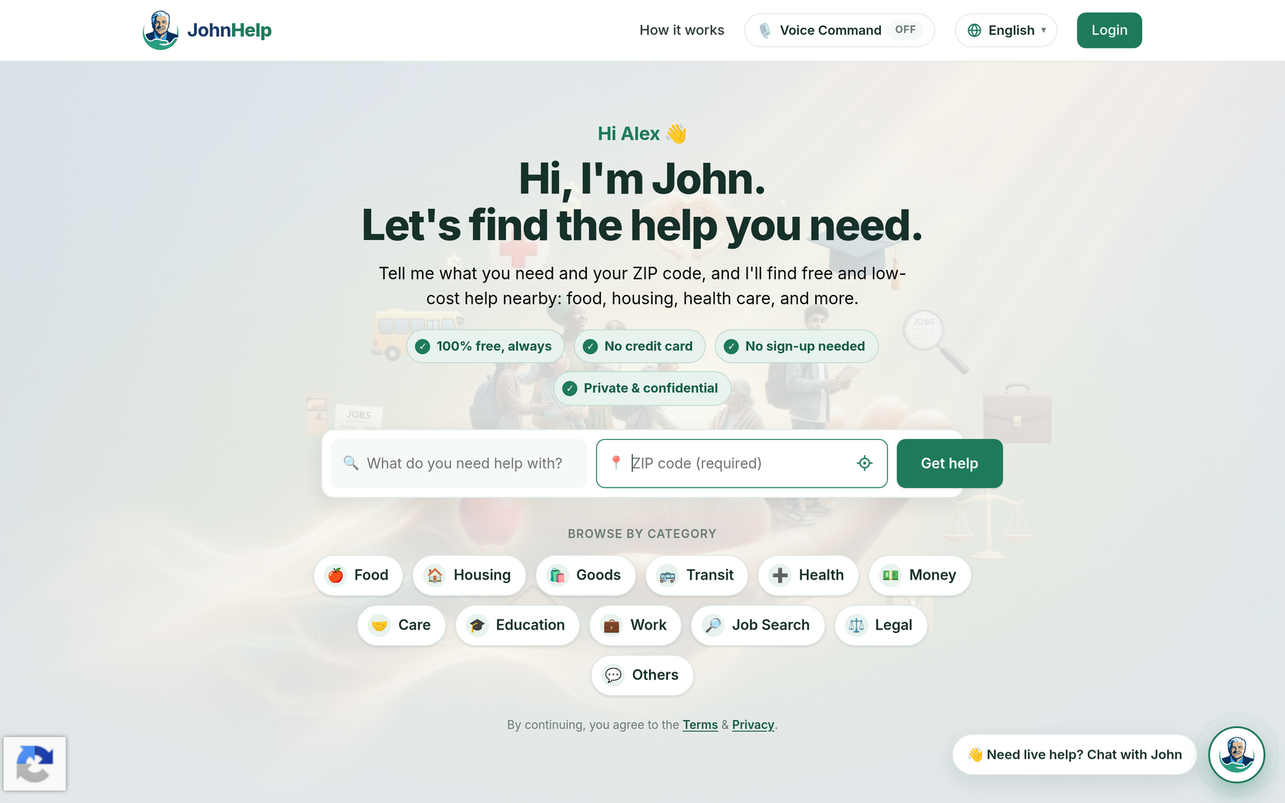 The JohnHelp platform: search for free and low-cost local help by need and ZIP code.